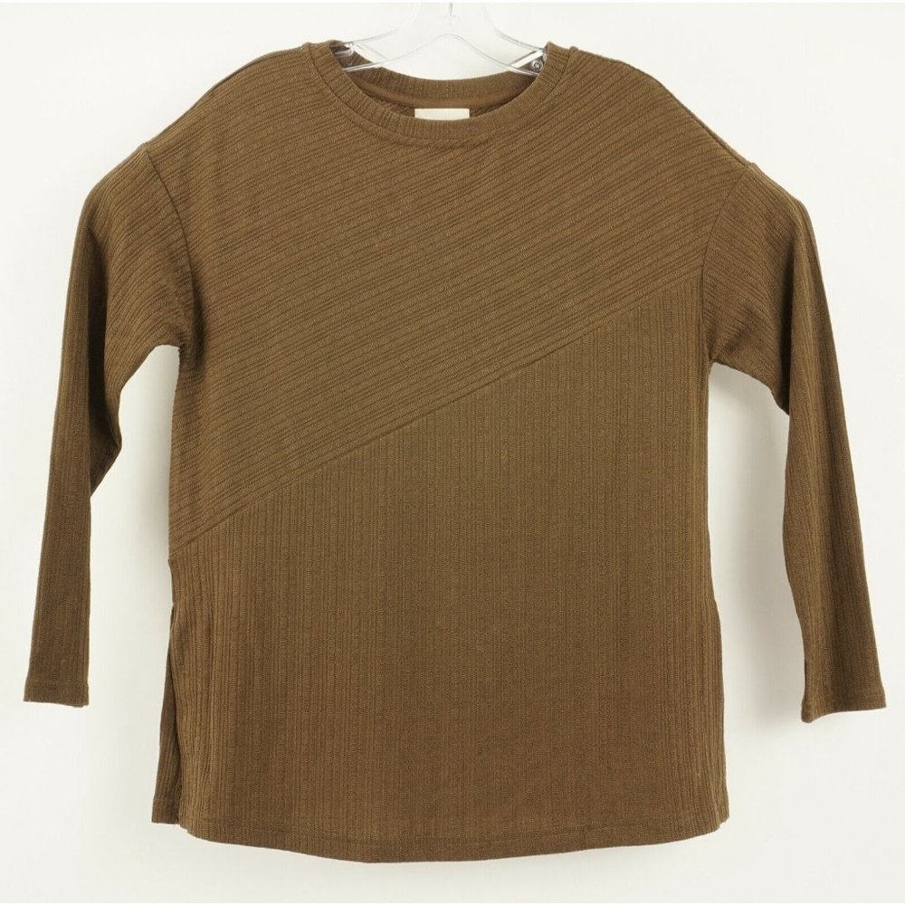New Melloday Women's XS Long Sleeve Brown Contrast‎ Knit Slit Crew Tunic Top